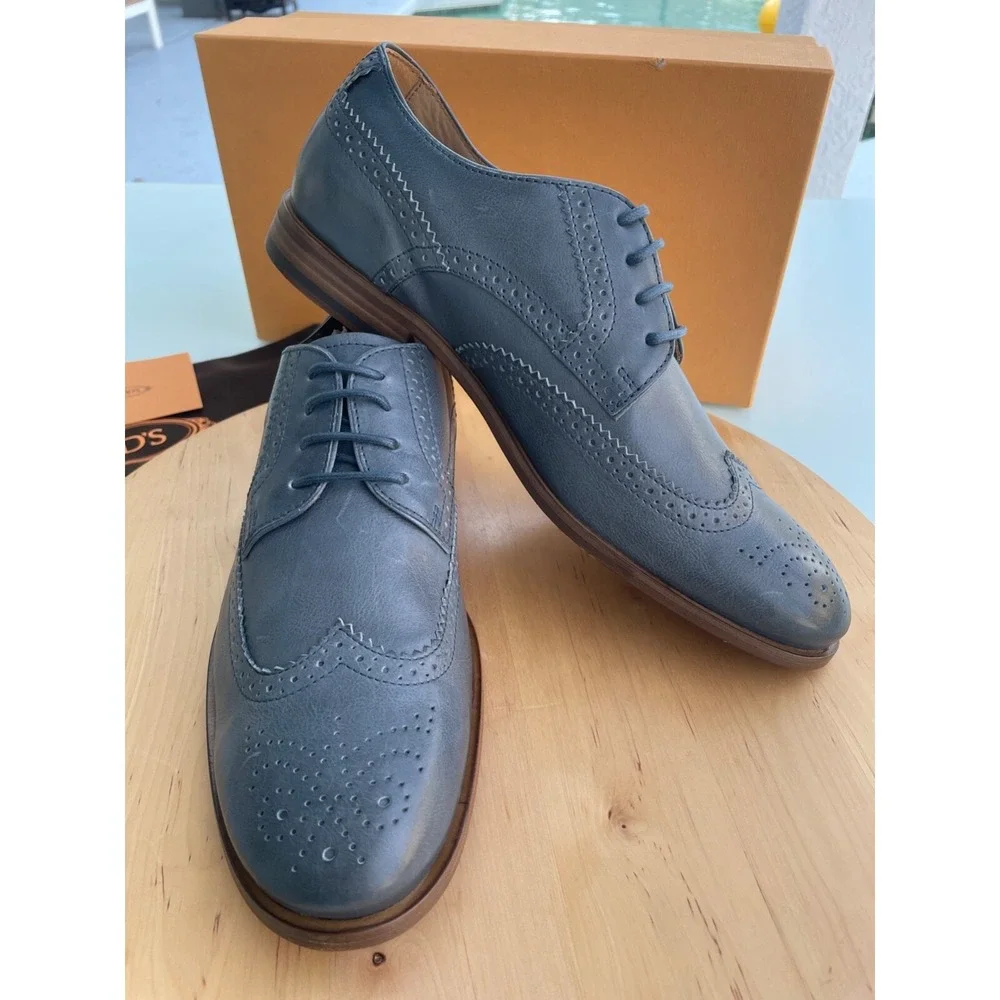 Tod's Men's Derby Bucature Cuoio SY Grey Leather Oxford shoes, Size UK 7 (US 8)
